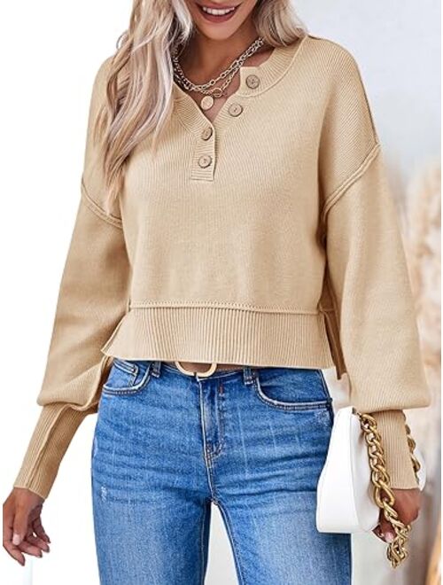 Saodimallsu Womens Oversized Cropped Sweaters Long Lantern Sleeve V Neck Button Henley Ribbed Knit Pullover Crop Tops