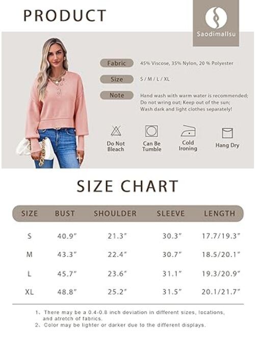 Saodimallsu Womens Oversized Cropped Sweaters Long Lantern Sleeve V Neck Button Henley Ribbed Knit Pullover Crop Tops