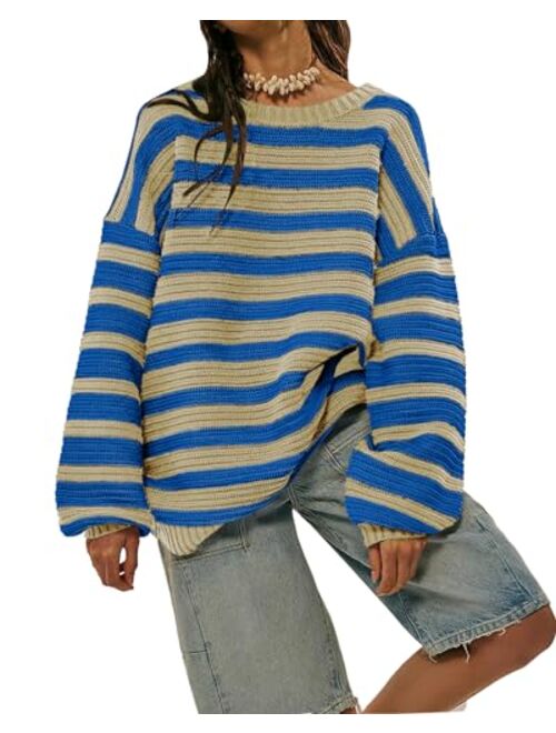 Saodimallsu Womens Striped Oversized Sweater Fall Slouchy Long Sleeve Ribbed Knit Pullover Sweaters Tops