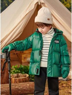 Young Boy Slogan Patched Detail Hooded Puffer Coat