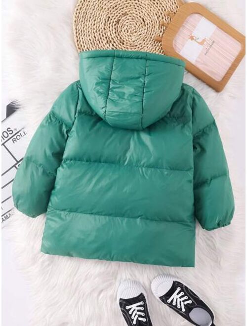 SHEIN Young Boy Slogan Patched Detail Hooded Puffer Coat