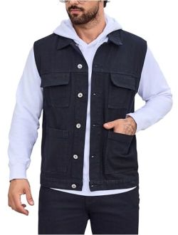 LONGBIDA Men's Denim Vest Slim Fit Multi-pocket Sleeveless Jean Jacket