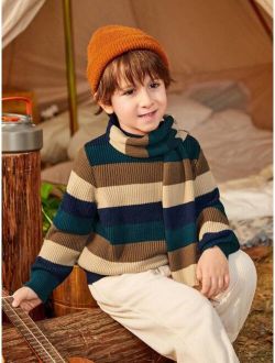 Young Boy Striped Pattern Sweater With Scarf