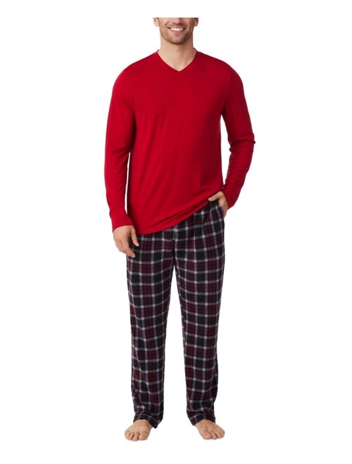 CUDDL DUDS Men's Cabin 2-Pc. Solid Long-Sleeve V-Neck T-Shirt & Plaid Fleece Pajama Pants Set