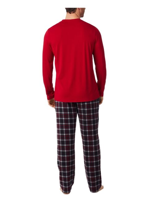 CUDDL DUDS Men's Cabin 2-Pc. Solid Long-Sleeve V-Neck T-Shirt & Plaid Fleece Pajama Pants Set