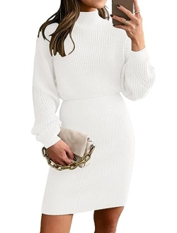 LILLUSORY Women's Mock Neck Trendy Lantern Sleeve 2023 Ribbed Knit Bodycon Pullover Sweater Dress