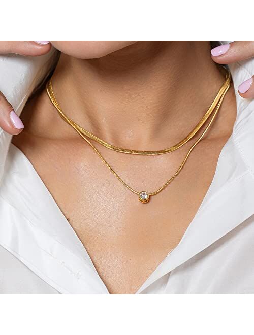 GMSOL Gold Layered Necklaces for Women Girls, 14K Real Gold Plated CZ Pendant Necklace, Dainty Flat Snake Chain Layering Choker Necklace for Gift