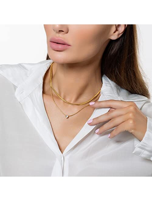GMSOL Gold Layered Necklaces for Women Girls, 14K Real Gold Plated CZ Pendant Necklace, Dainty Flat Snake Chain Layering Choker Necklace for Gift