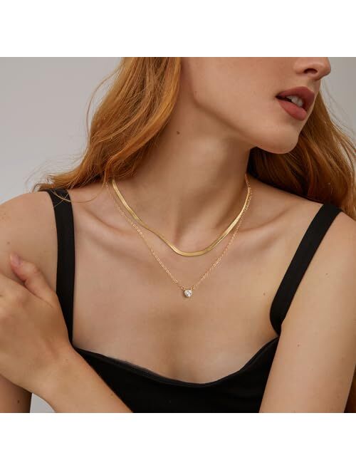 Lourny Gold Layered Necklace for Women, 18K Gold Plated CZ Pendant Necklace Trendy Dainty Snake Chain Necklace Crystal Heart Cross Necklace Jewelry Gifts for Girls