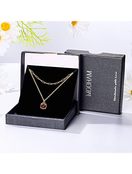 M MOOHAM Layered Birthstone Necklace for Women, 14k Real Gold Plated Paper Clip Necklace with Birthstone Pendant Dainty Gold Necklace for Teen Girls Special Gifts for Wom