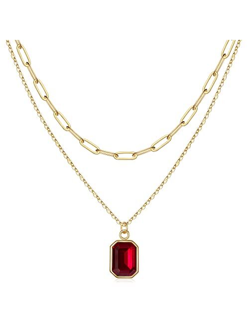 Vrsilver Layered Birthstone Necklace for Women Girls, Gold Silver Rose Gold Plated Layered Paperclip Chain Choker Necklace with Rectangle Birthstone Pendant Birthday Gift