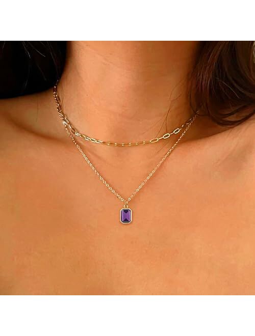 Vrsilver Layered Birthstone Necklace for Women Girls, Gold Silver Rose Gold Plated Layered Paperclip Chain Choker Necklace with Rectangle Birthstone Pendant Birthday Gift