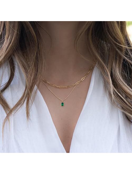 Vrsilver Layered Birthstone Necklace for Women Girls, Gold Silver Rose Gold Plated Layered Paperclip Chain Choker Necklace with Rectangle Birthstone Pendant Birthday Gift