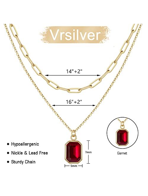 Vrsilver Layered Birthstone Necklace for Women Girls, Gold Silver Rose Gold Plated Layered Paperclip Chain Choker Necklace with Rectangle Birthstone Pendant Birthday Gift