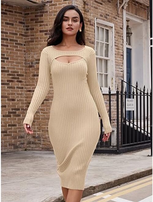 LILLUSORY Fall Womens Sweaters Bodycon Sweater Dress 2023 Long Sleeve Midi Knit Dresses