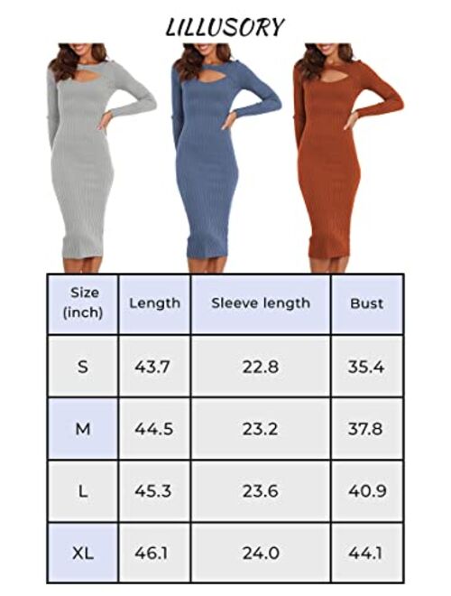 LILLUSORY Fall Womens Sweaters Bodycon Sweater Dress 2023 Long Sleeve Midi Knit Dresses