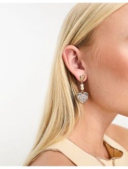 DesignB London heart drop earrings with pearl detail in gold