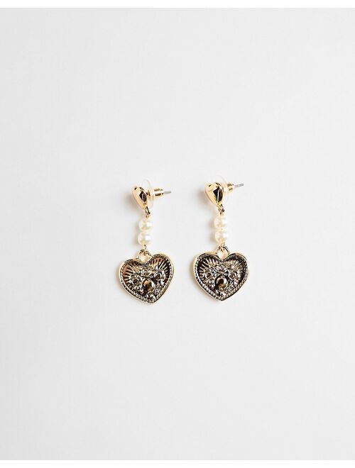 DesignB London heart drop earrings with pearl detail in gold