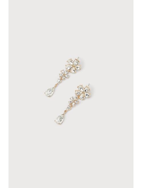 Lulus Deluxe Radiance Gold Rhinestone Flower Drop Earrings
