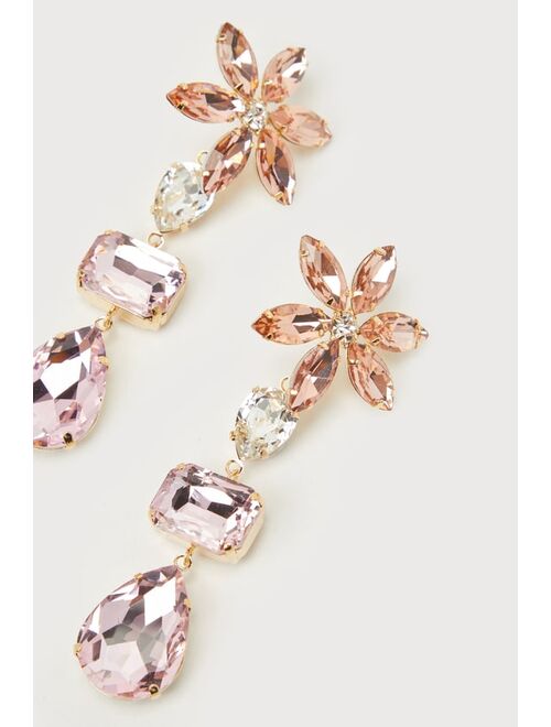 Lulus Glittering Blooms Pink Multi Rhinestone Flower Drop Earrings