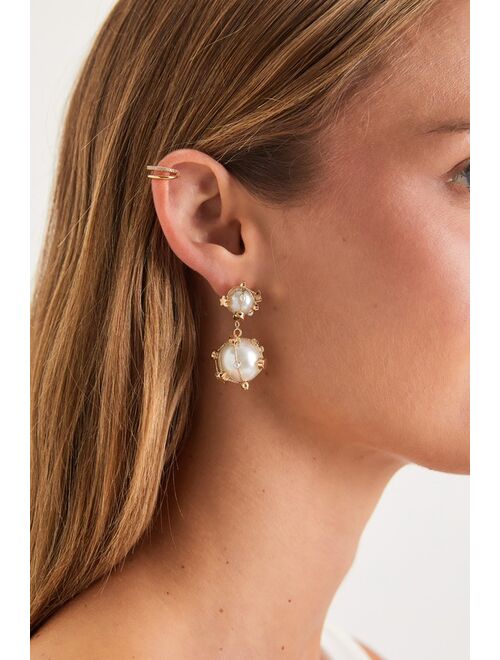 Lulus Flirty Flourish Gold and White Pearl Drop Earrings
