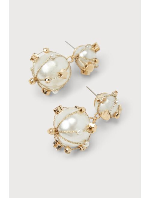 Lulus Flirty Flourish Gold and White Pearl Drop Earrings