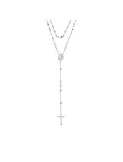 Savlano 925 Sterling Silver 1.5MM Beaded Rosary Miraculous Medallion & Cross Pendant Necklace -18K Gold Plated 19 Inches Y-Necklace Chain for Women, Religious Jewelry Com