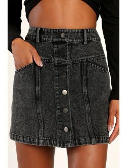 Real Babe Black High Waisted Button-Up Denim Mini Skirt