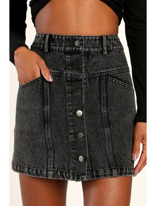 Lulus Real Babe Black High Waisted Button-Up Denim Mini Skirt