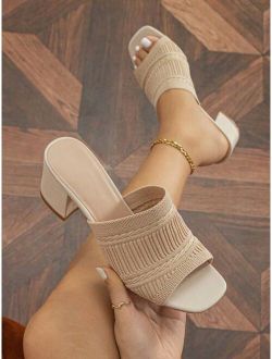 Women Minimalist Mule Sandals, Fabric Chunky Heeled Elegant Sandals