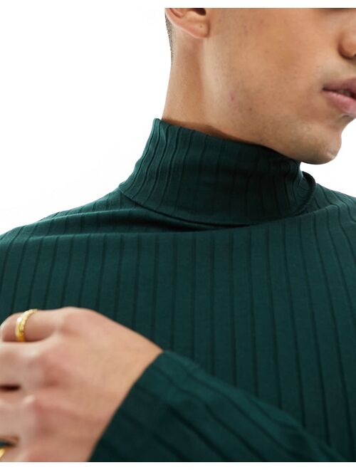 ASOS DESIGN long sleeved roll neck rib t-shirt in dark green