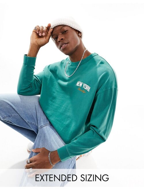 ASOS DESIGN oversized long sleeve t-shirt in washed green with front city print