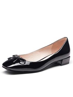 Women Cute Bows Ballet Slip on Square Closed Toe Low Heel Slide Pumps Patent Leather Casual Dress Shoes Size 4-15 US