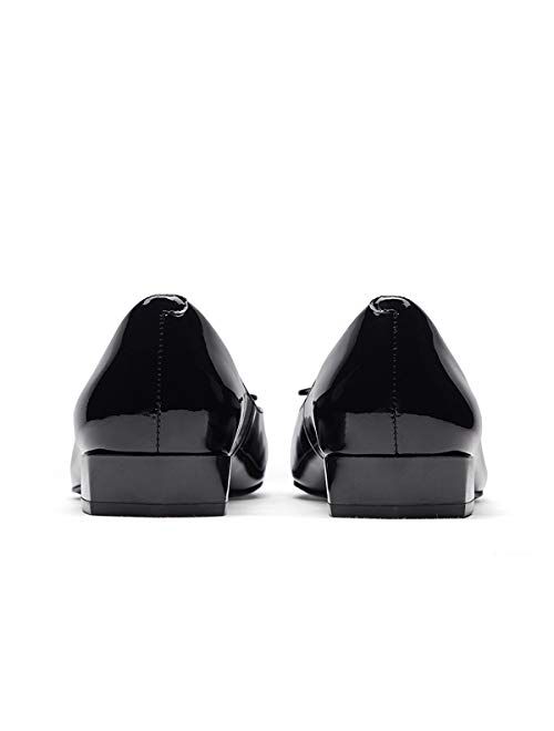 FSJ Women Cute Bows Ballet Slip on Square Closed Toe Low Heel Slide Pumps Patent Leather Casual Dress Shoes Size 4-15 US
