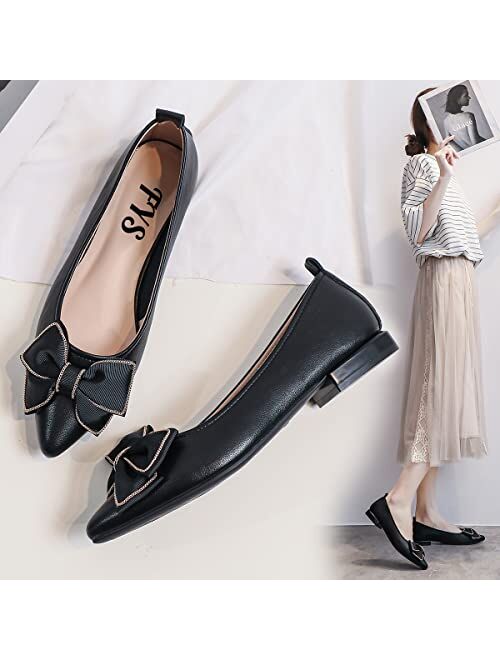 FYS Women Pointed Toe Block Low Heel Bow Pumps Slip on Flats Ballets Dress Dance Party Shoes Size 4-15 US
