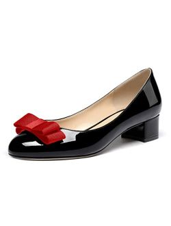 WAYDERNS Women's Patent Leather Bow Slip On Round Toe Chunky Low Heel Pumps Shoes 1.5 Inch