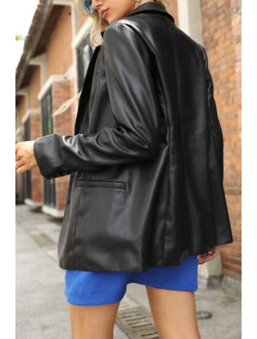 Bellivera Women's Faux Leather Blazer Jacket Oversized Long Sleeve Coat Motorcycle Vegan Pleather Outerwear