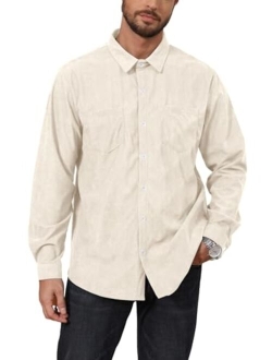 PICKLION Men's Corduroy Button Down Shirts Long Sleeve Casual Solid Color Trench Shirts with Pockets