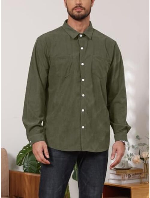 PICKLION Men's Corduroy Button Down Shirts Long Sleeve Casual Solid Color Trench Shirts with Pockets