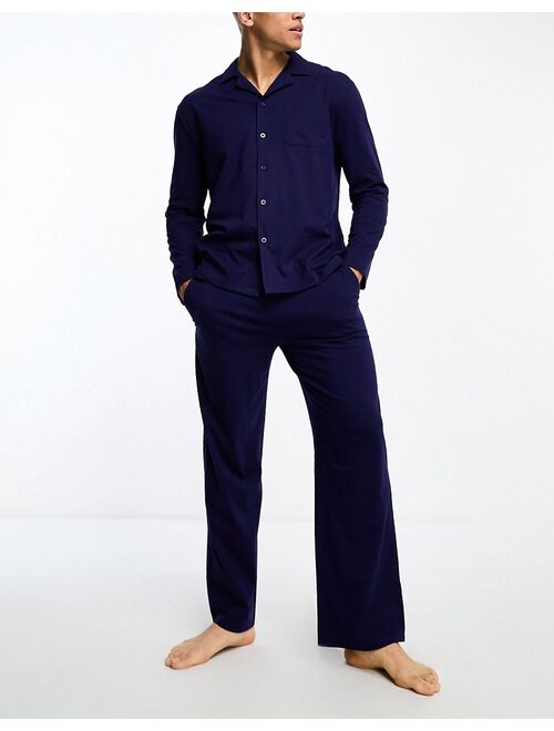 ASOS DESIGN pajama set with long sleeve shirt and pants in navy jersey