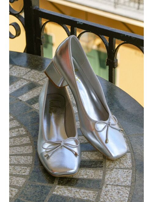 Lulus Marny Silver Metallic Bow Low Heel Ballet Pumps