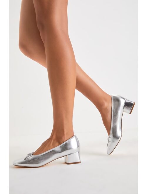 Lulus Marny Silver Metallic Bow Low Heel Ballet Pumps