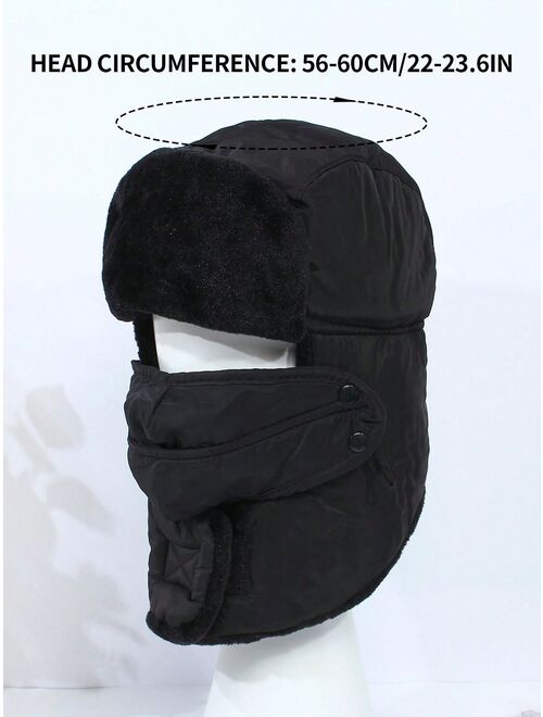 Shein 1pc Unisex Black Oversized Earflap & Face Mask Design Lei Feng Cap For Outdoor Activities Like Ski & Hunting