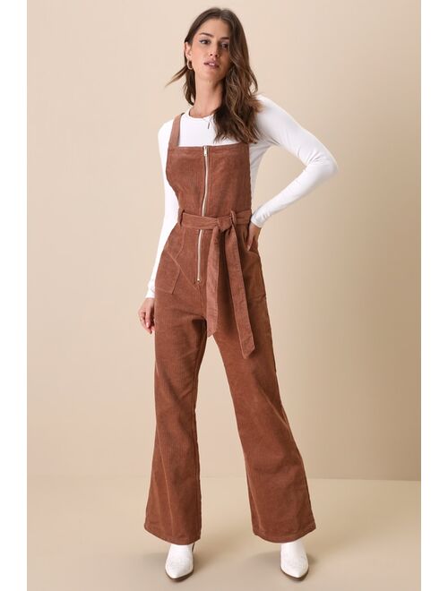Lulus Retro Impulse Brown Corduroy Overall Flare-Leg Jumpsuit