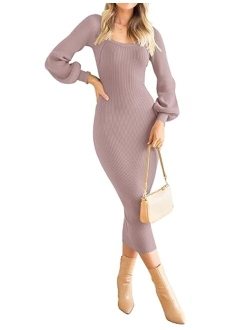 Women's 2023 Square Neck Sweater Dress Puff Long Sleeve Slim Fit Bodycon Fall Winter Ribbed Knit Dresss