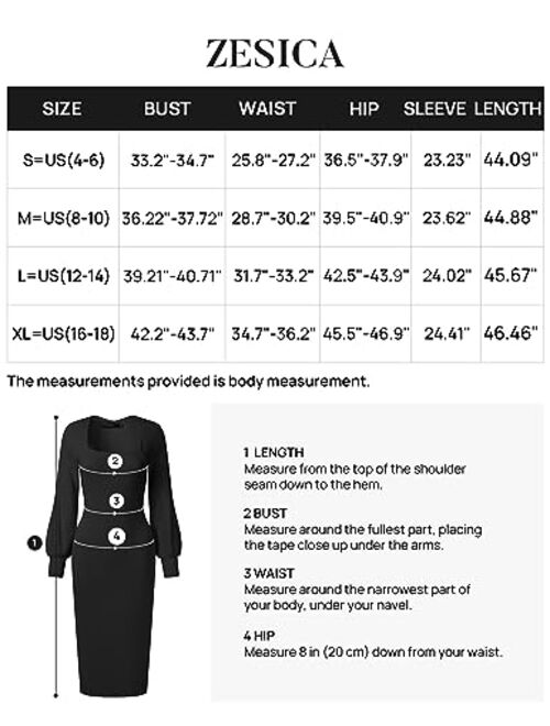 ZESICA Women's 2023 Square Neck Sweater Dress Puff Long Sleeve Slim Fit Bodycon Fall Winter Ribbed Knit Dresss