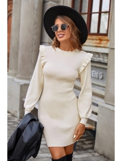 Womens Mini Sweater Dress Mock Neck Ruffle Long Puff Sleeve Ribbed Casual Bodycon Fall Dresses Winter Clothes
