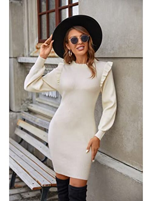 Blooming Jelly Womens Mini Sweater Dress Mock Neck Ruffle Long Puff Sleeve Ribbed Casual Bodycon Fall Dresses Winter Clothes