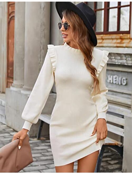 Blooming Jelly Womens Mini Sweater Dress Mock Neck Ruffle Long Puff Sleeve Ribbed Casual Bodycon Fall Dresses Winter Clothes