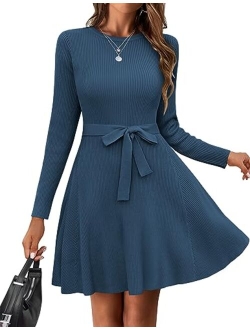 Women's Long Sleeve Sweater Dress Crewneck A-Line Swing Casual Dress Bodycon Ribbed Knit Dresses with Belt